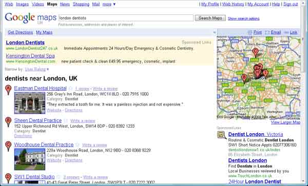 London Dentist Google UK Map Results